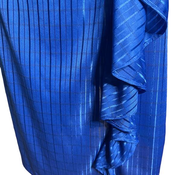 Vintage 80s Kings Row Blue Shirred Satin Stripe Dress Back Zip Shoulder Pads - Picture 6 of 10